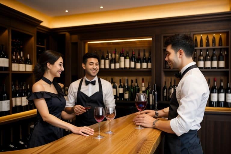 Wine bar with bartender and guests tasting wine