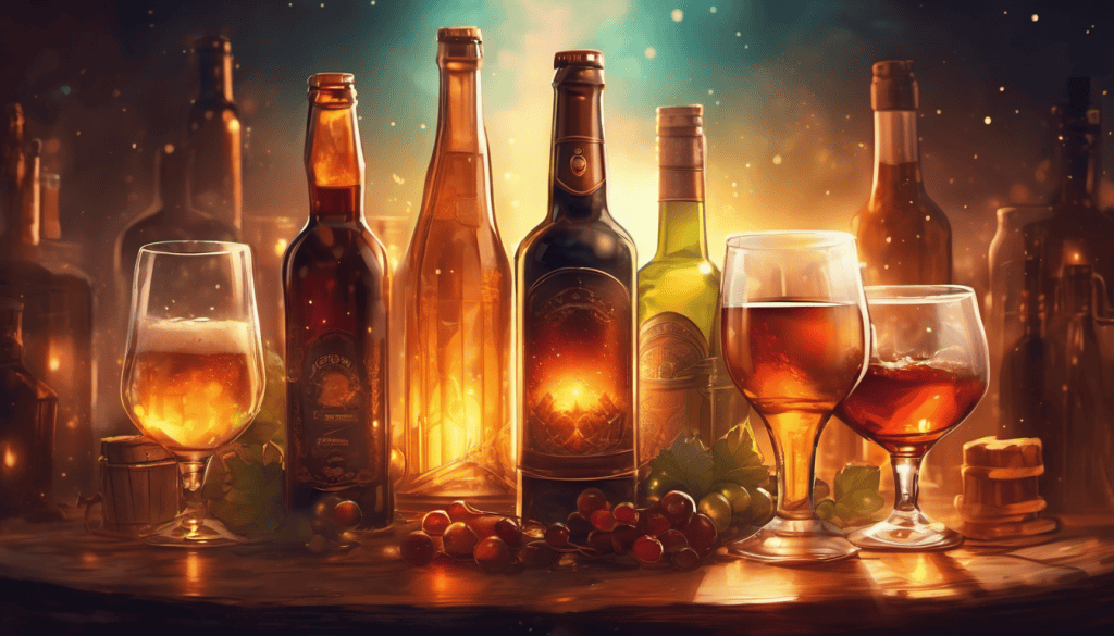A collection of beer-, wine- and whiskey bottles lined up on a counter.