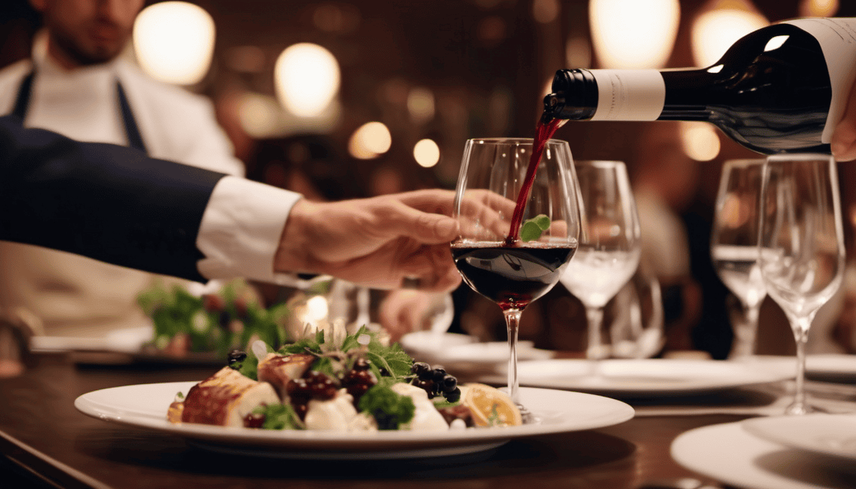 A waiter is pouring red wine in a wine glass at the guest table.
