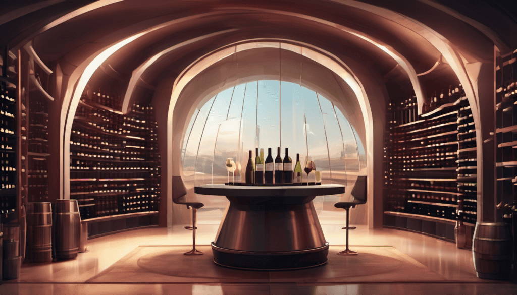 Picture of an artistic, futuristic wine cellar concept with a round table for wine tasting s in the middle of the room