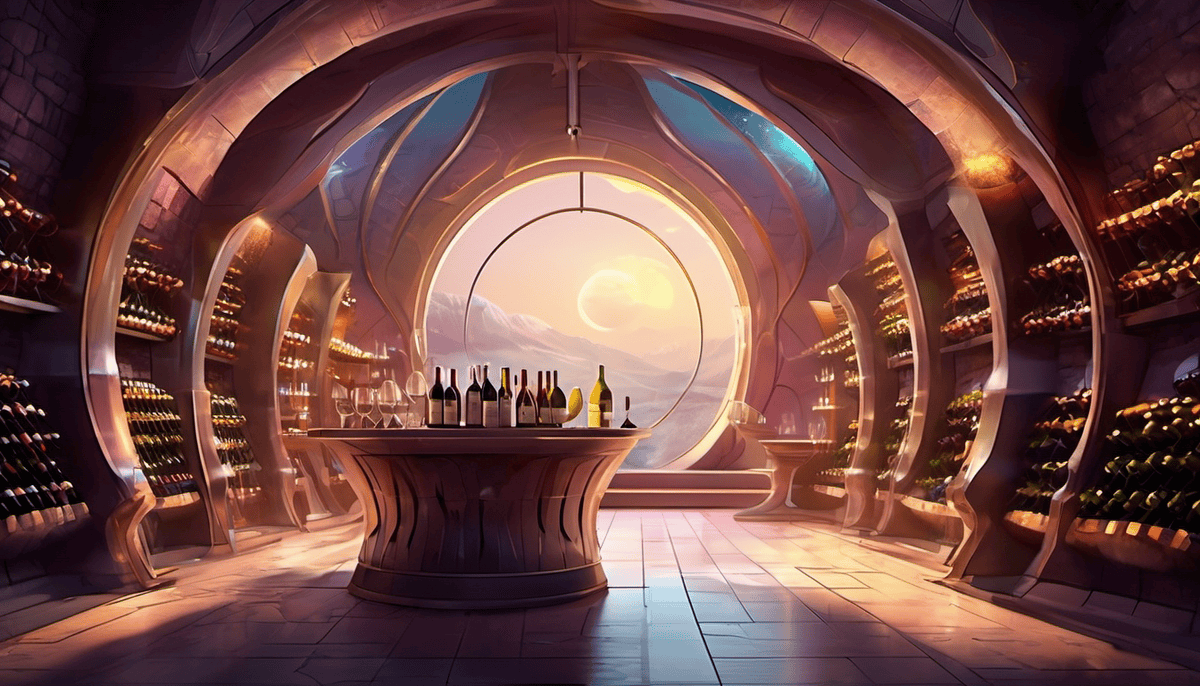 Futuristic Wine Cellar Concept with large wine racks and a tasting table in the middle of the room