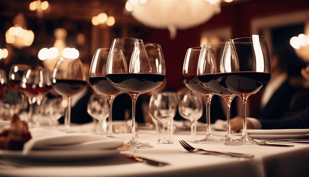 There are several glasses filled with red wine to illustrate the standard pour size of 150 ml