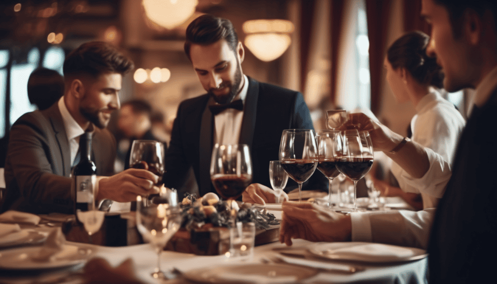Guests sitting at a restaurant table enjoying their meals and red wine.