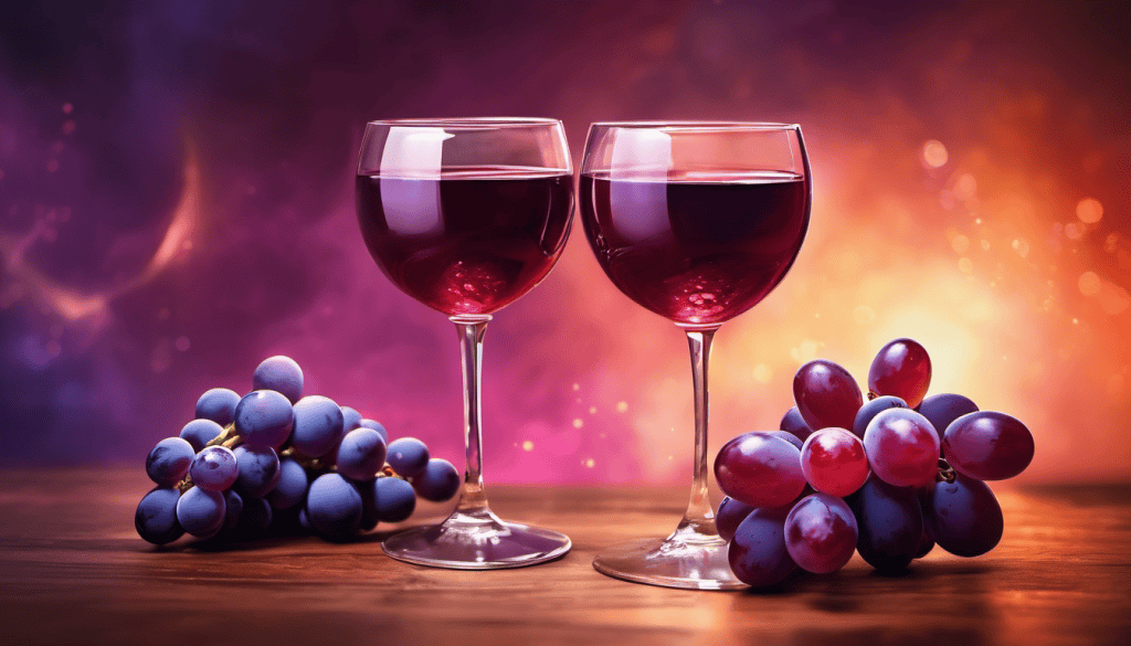 Picture of two glasses of non alcoholic red wine standing on bar counter with wine grapes next to the wine glasses.