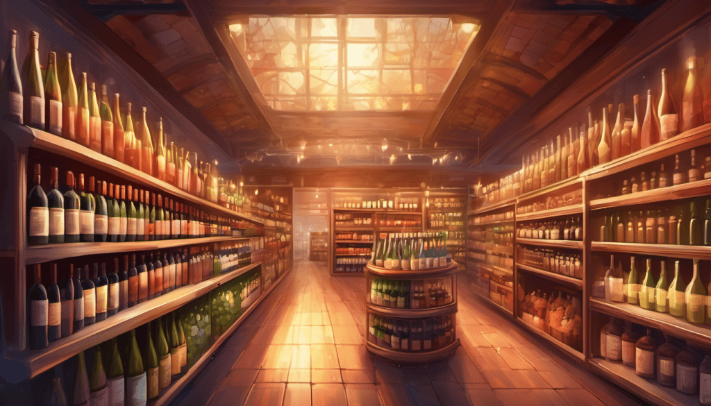 Picture of a wine shop with shelves displaying various types of wines including alcohol free wines.