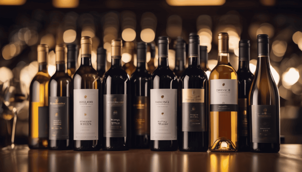 Picture of a collection of wine bottles on a bar counter, displaying alcohol free red wines and white wines.