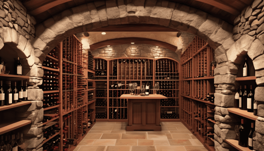 Traditional Wine Cellar with Stone Walls and Wooden Wine Racks. This picture shall illustrate the theme wine cellar ideas