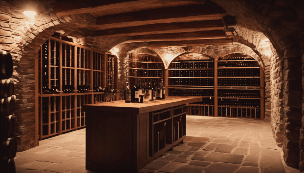 Natural Wine Cellar "Underground Oasis" with natural stone walls and a big table for wine tasting in the middle of the cellar.