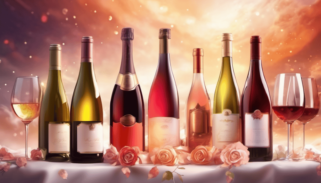 A collection of various wine- and champagne bottles lined up on a counter. 