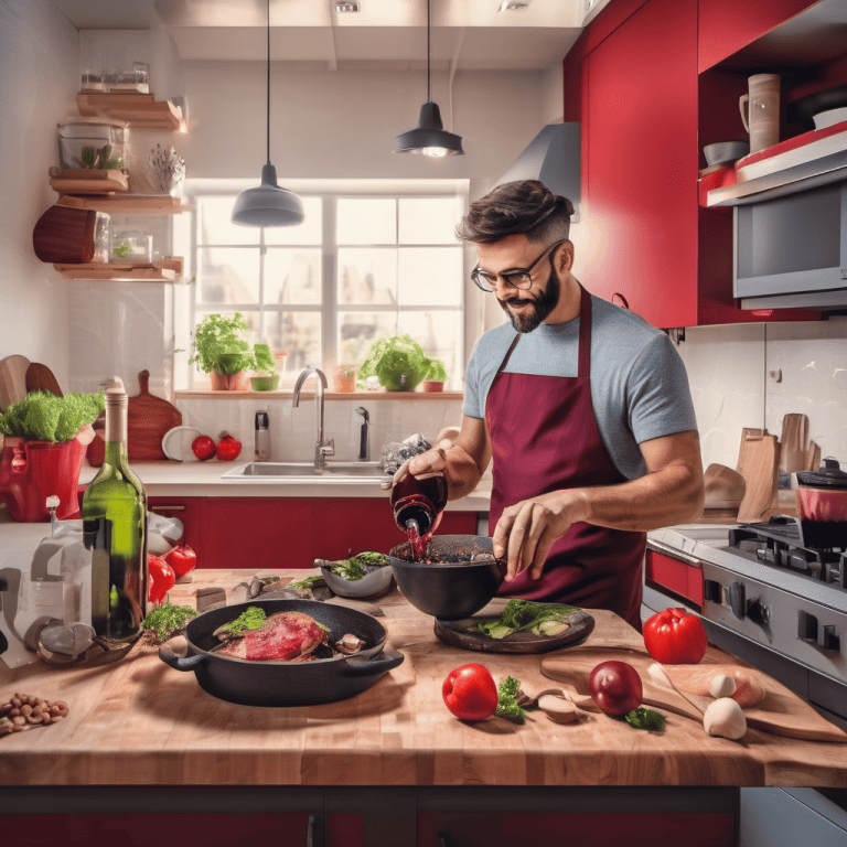 A Cook using red wine for cooking. Illustration of the theme "best red wine for cooking"