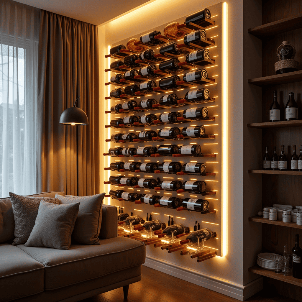 Wine Rack in small apartment lit up by LED . The theme is small space wine storage ideas