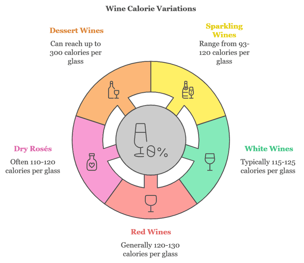 Calories per glass by type of wine for the theme which wine has the least calories