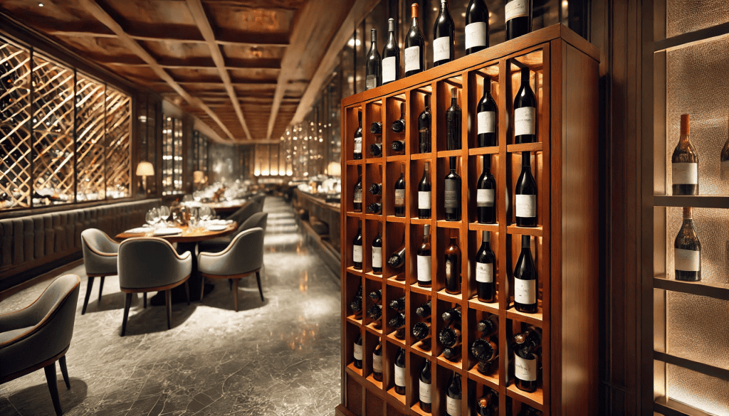 Mahagony Wine Rack Displays in an elegant Restaurant in the theme commercial wine racking systems