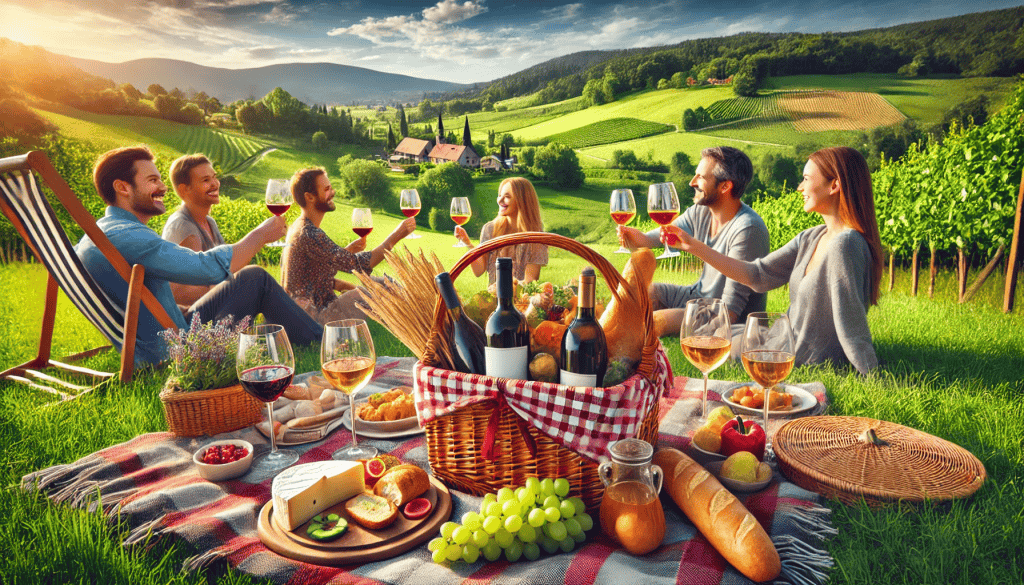 Picnic with Friends to illustrate the theme, wine picnic basket