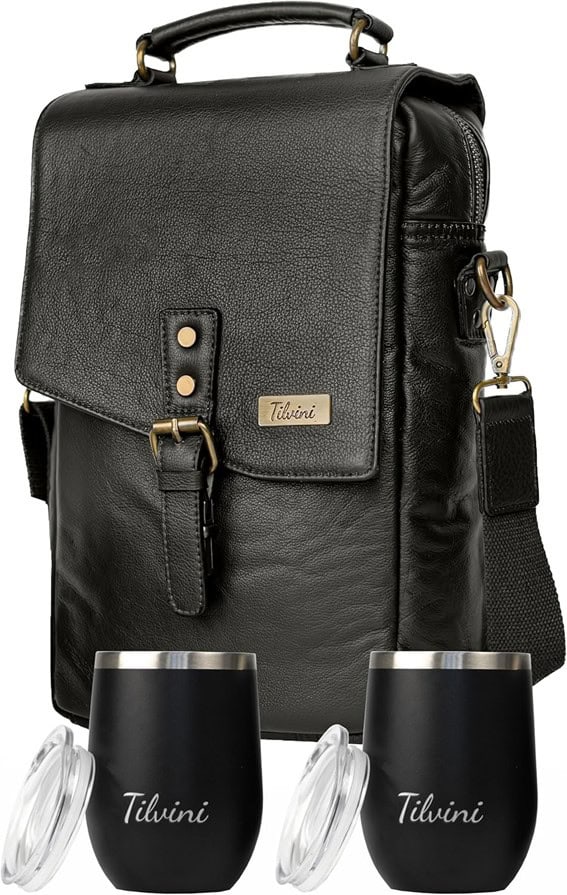 tilvini Leather Wine Bag & Wine Tumblers Set