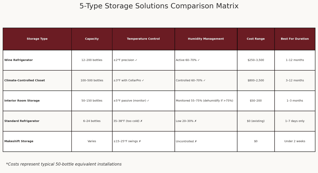 5-Type Storage Solutions Comparison Matrix in the theme short term wine storage