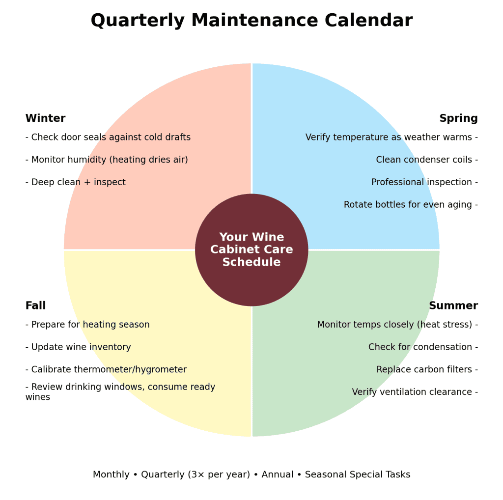 quarterly maintenance calendar infographic in the theme wine storage cabinet