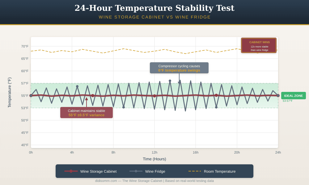 Line graph showing 24-hour temperature test: wine storage cabinet holds steady at 55°F (±0.5°F) while wine fridge oscillates 6°F from compressor cycling.