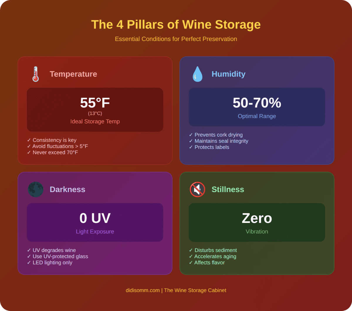 The 4 pillars of proper wine storage infographic showing ideal temperature 55°F, humidity 50-70%, zero UV light exposure, and zero vibration requirements