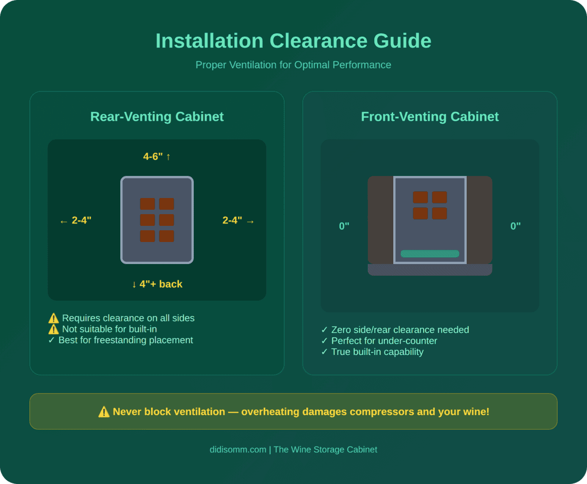 Wine cabinet ventilation clearance guide comparing rear-venting freestanding units requiring 2-4 inch clearance versus front-venting built-in models with zero side clearance