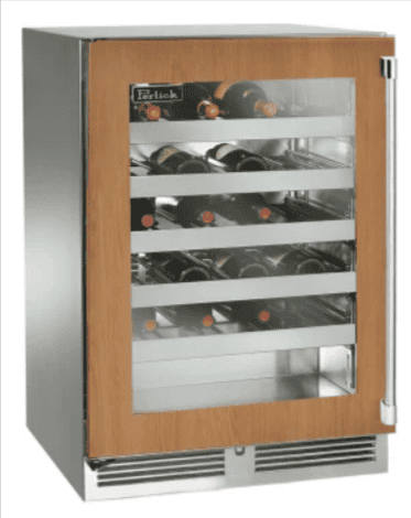 The Perlick Signature Series 24-inch Built-In Single Zone Wine Cooler with a 45-bottle capacity and Panel Ready finish is designed for seamless integration with custom cabinetry. It features a single temperature zone for optimal wine preservation, digital temperature controls for precise adjustments, and adjustable shelves to accommodate various bottle sizes. The Panel Ready finish allows for a custom front panel to match your kitchen décor, while the unit's LED interior lighting ensures easy viewing of your wine collection.