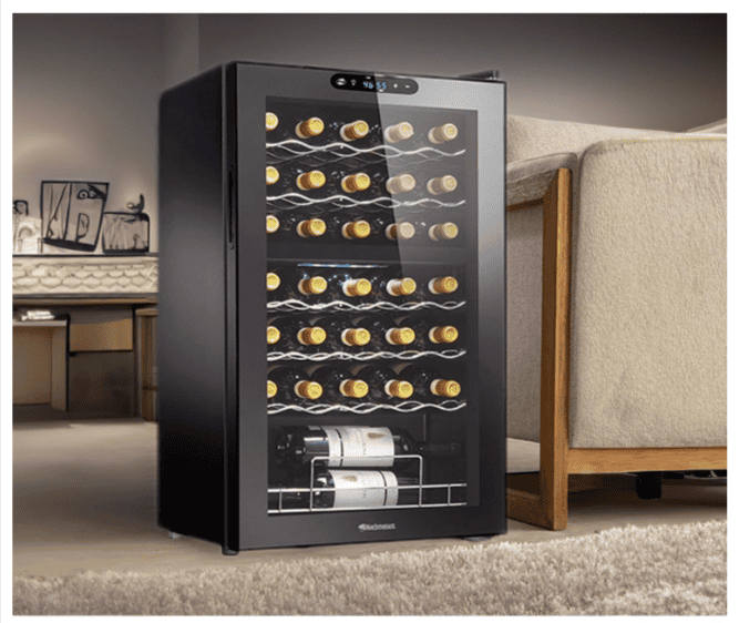 Wine Enthusiast 32-Bottle Dual Zone MAX Compressor Wine Cooler – Freestanding Mini Fridge with Digital Touchscreen, LED Display, Split Storage for Red & White Wines